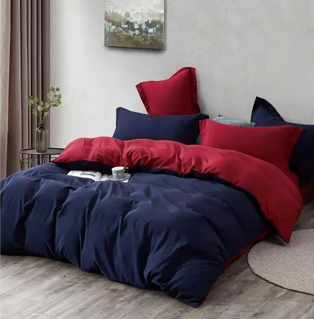 1000TC Reversible Queen Size Blue and Red Duvet Quilt Cover Set