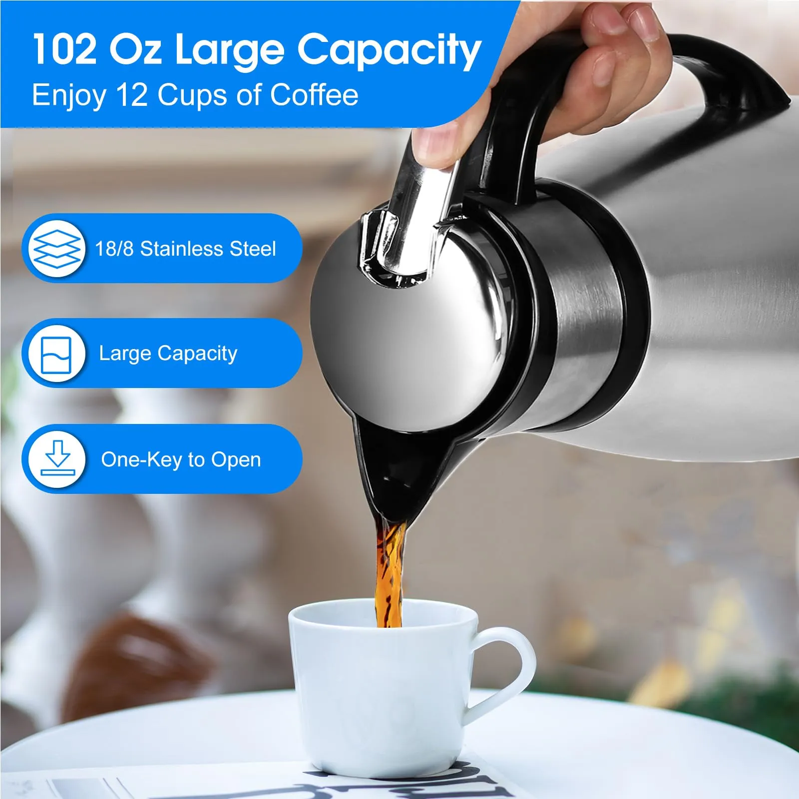 102 Oz Stainless Steel Thermal Coffee Carafe for Keeping Hot, Insulated Coffee Pot Double Walled Vacuum Thermos for Coffee, Tea, Hot Beverage Dispenser 12 Hour Heat Retention, Silver