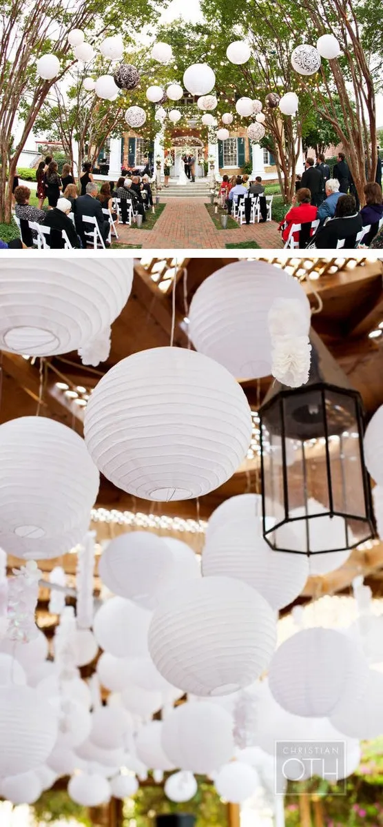 10" White Round Paper Lantern, Crisscross Ribbing, Chinese Hanging Wedding & Party Decoration