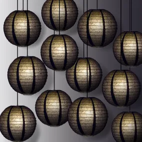 12 PACK | Black Even Ribbing Round Paper Lantern, Hanging Combo Set