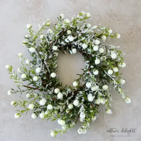 12.5" Glittered Snowy White Berry Leaf Wreath