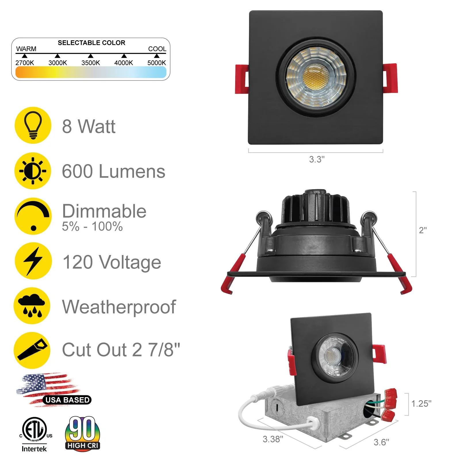 3" Inch Square Black Gimbal Recessed Light for Sloped Ceiling Canless LED Lighting - Wet Rated - 5CCT 2700K-5000K - 600LM