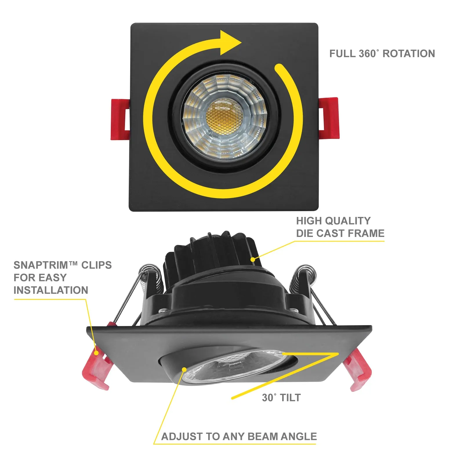 3" Inch Square Black Gimbal Recessed Light for Sloped Ceiling Canless LED Lighting - Wet Rated - 5CCT 2700K-5000K - 600LM