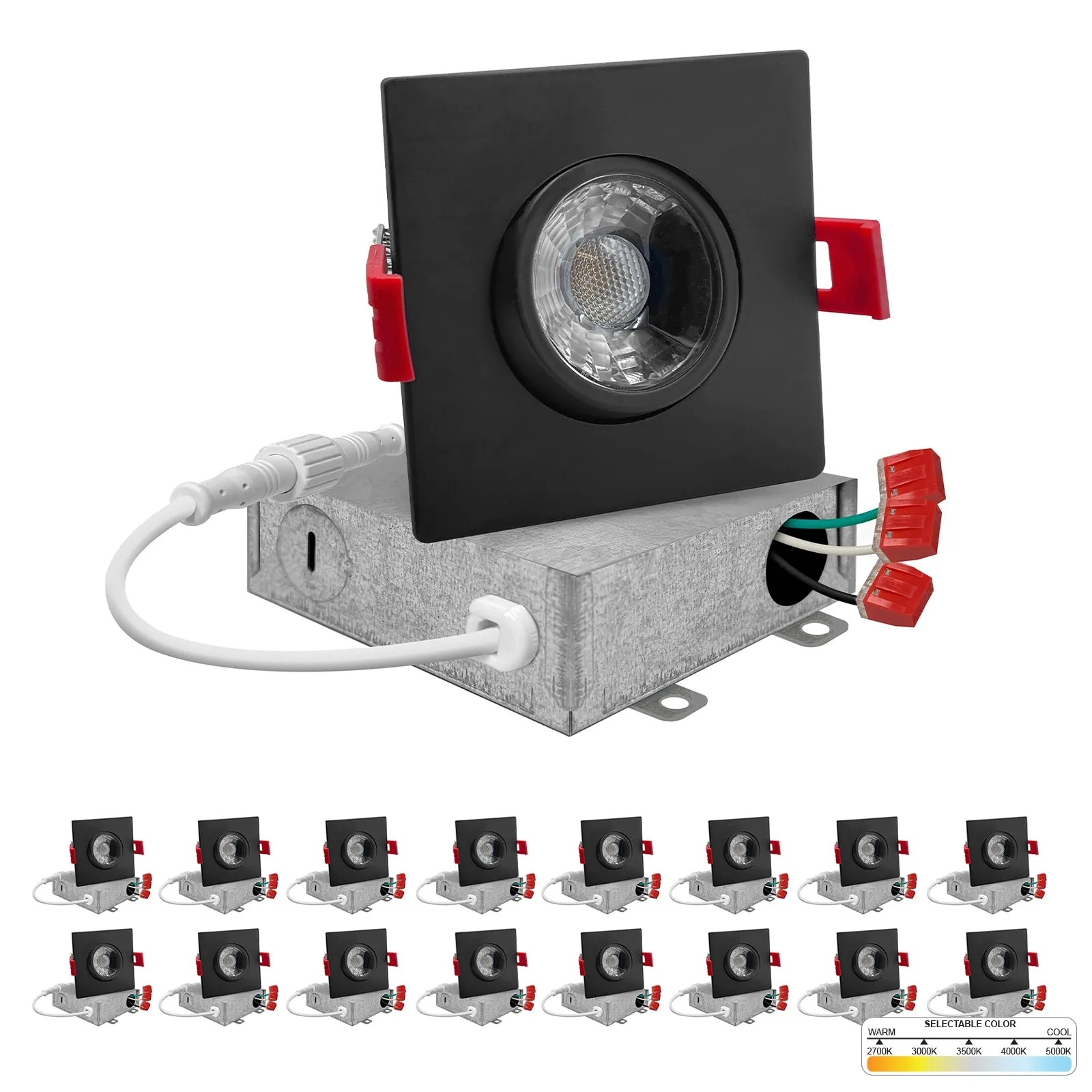 3" Inch Square Black Gimbal Recessed Light for Sloped Ceiling Canless LED Lighting - Wet Rated - 5CCT 2700K-5000K - 600LM