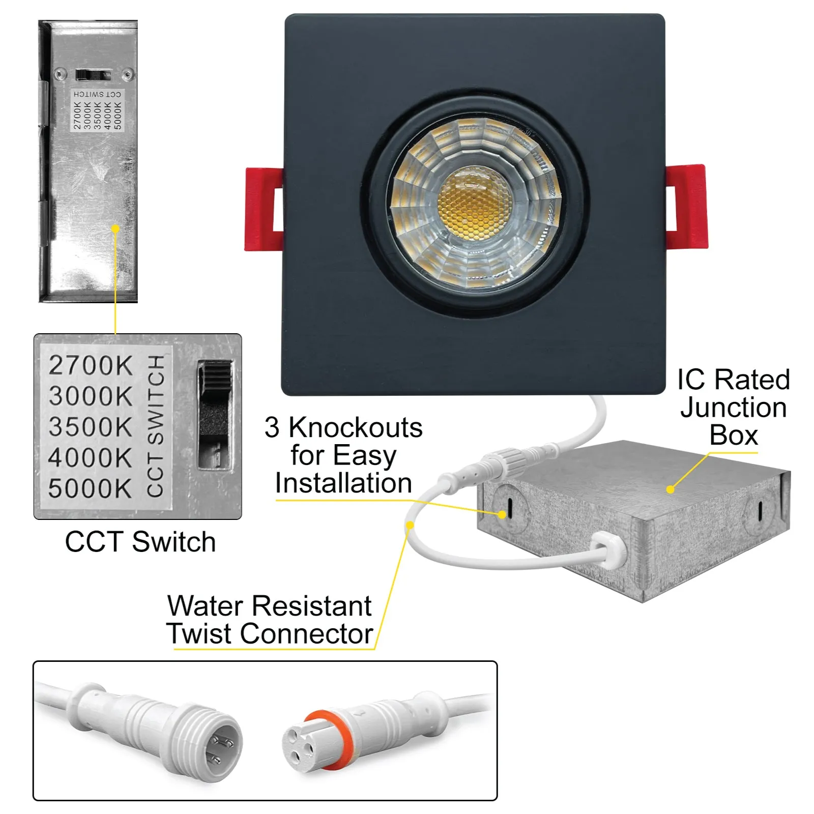 3" Inch Square Black Gimbal Recessed Light for Sloped Ceiling Canless LED Lighting - Wet Rated - 5CCT 2700K-5000K - 600LM