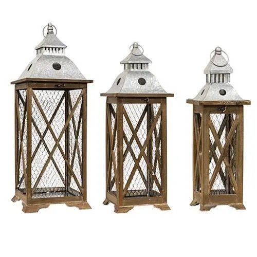 3/Set, Wood & Chicken Wire Lanterns