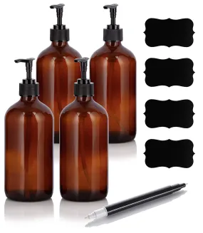 (4 Pack) 16 oz Amber Boston Round Thick Glass Pump Bottle   Black Chalkboard Labels & Marker