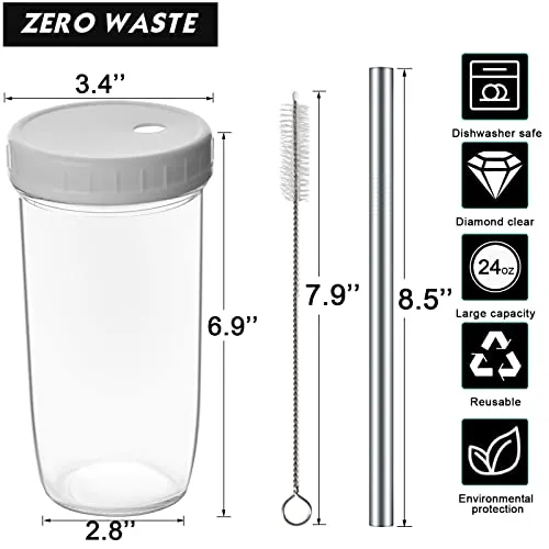 4 Pack Glass Cups Set 24oz Mason Jar with Lid and Straw,4 Clean Brush, Reusable Bubble Tea Cup, Mason Jars Glass Cups,Iced Coffee Cup,Wide Mouth Smoothie cup, Boba Cup, Mason Jar Drinking Glasses