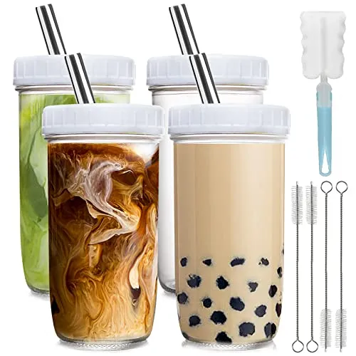 4 Pack Glass Cups Set 24oz Mason Jar with Lid and Straw,4 Clean Brush, Reusable Bubble Tea Cup, Mason Jars Glass Cups,Iced Coffee Cup,Wide Mouth Smoothie cup, Boba Cup, Mason Jar Drinking Glasses