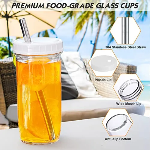 4 Pack Glass Cups Set 24oz Mason Jar with Lid and Straw,4 Clean Brush, Reusable Bubble Tea Cup, Mason Jars Glass Cups,Iced Coffee Cup,Wide Mouth Smoothie cup, Boba Cup, Mason Jar Drinking Glasses