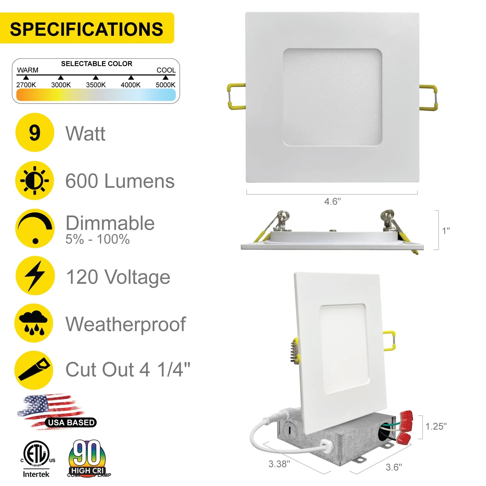 4" Inch Square Canless Recessed Lighting Slim LED Wafer Lights - Wet Rated - 5CCT 2700K-5000K - 630LM