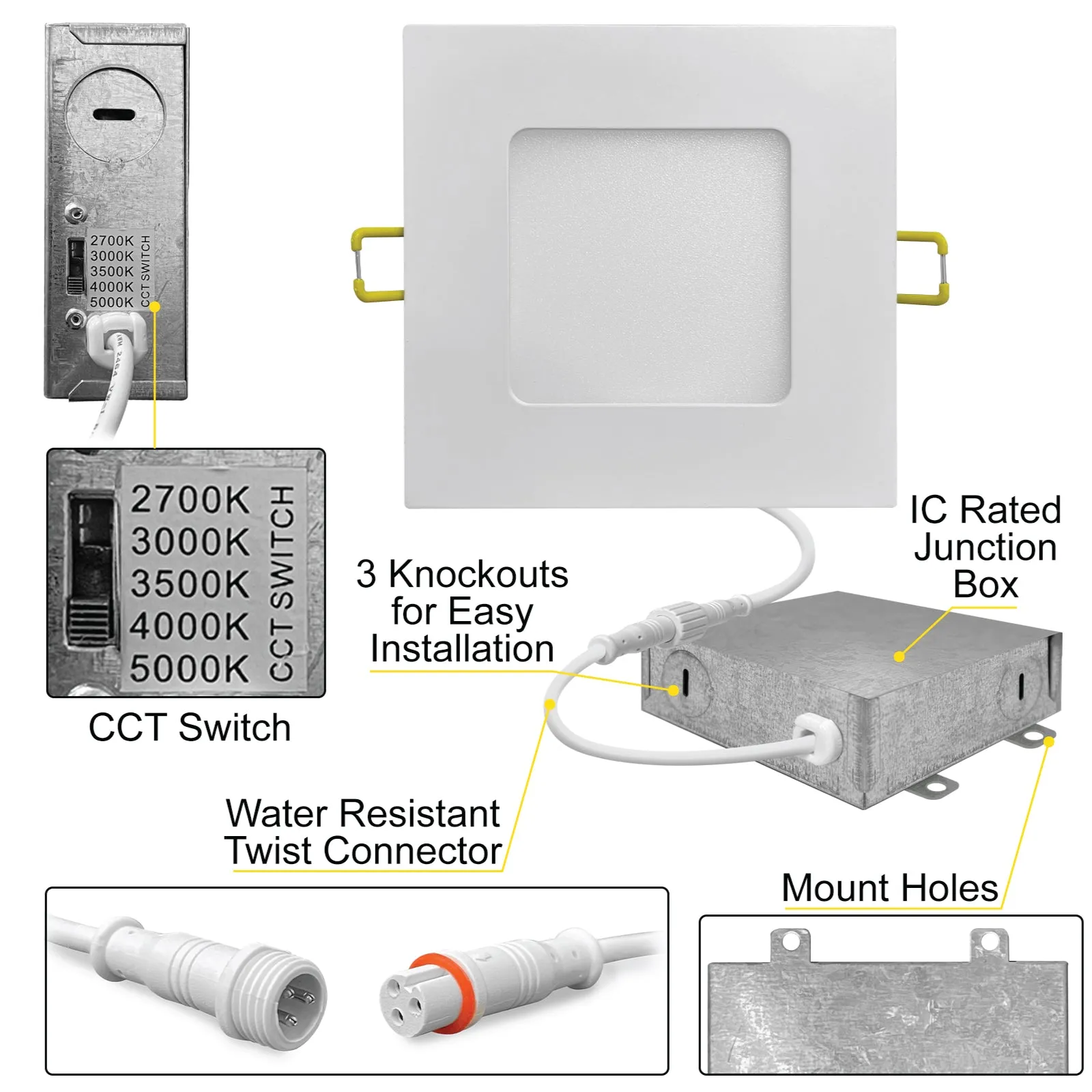 4" Inch Square Canless Recessed Lighting Slim LED Wafer Lights - Wet Rated - 5CCT 2700K-5000K - 630LM