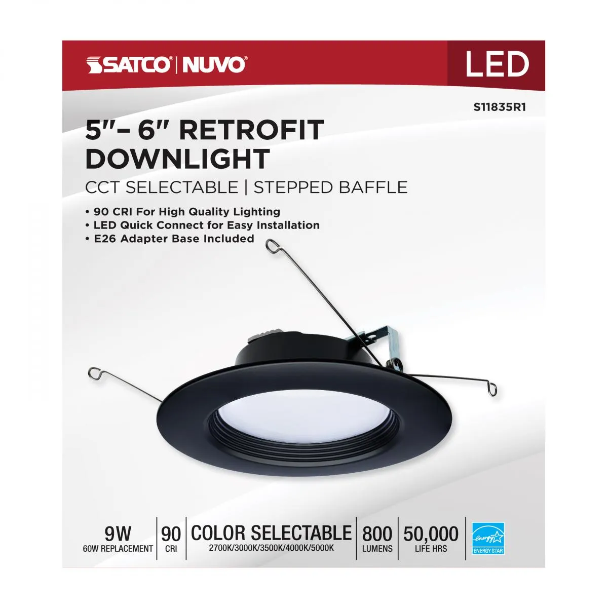 5/6 inch Retrofit LED Can Light, 9 Watts, 800 Lm, Selectable 2700K to 5000K, Black Baffle Trim