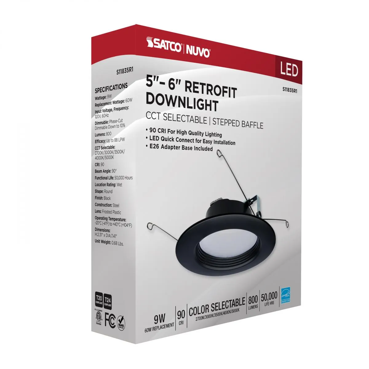 5/6 inch Retrofit LED Can Light, 9 Watts, 800 Lm, Selectable 2700K to 5000K, Black Baffle Trim