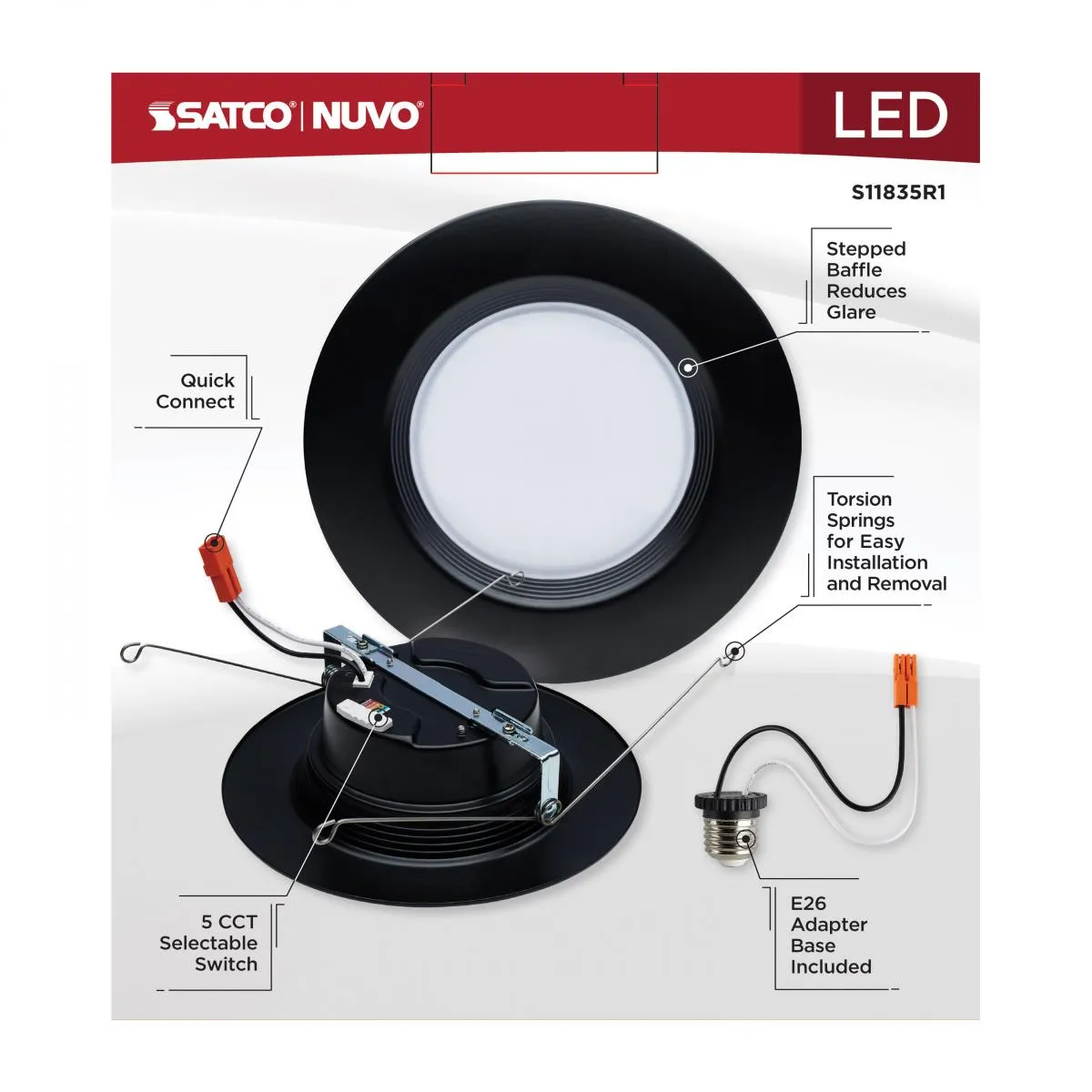 5/6 inch Retrofit LED Can Light, 9 Watts, 800 Lm, Selectable 2700K to 5000K, Black Baffle Trim