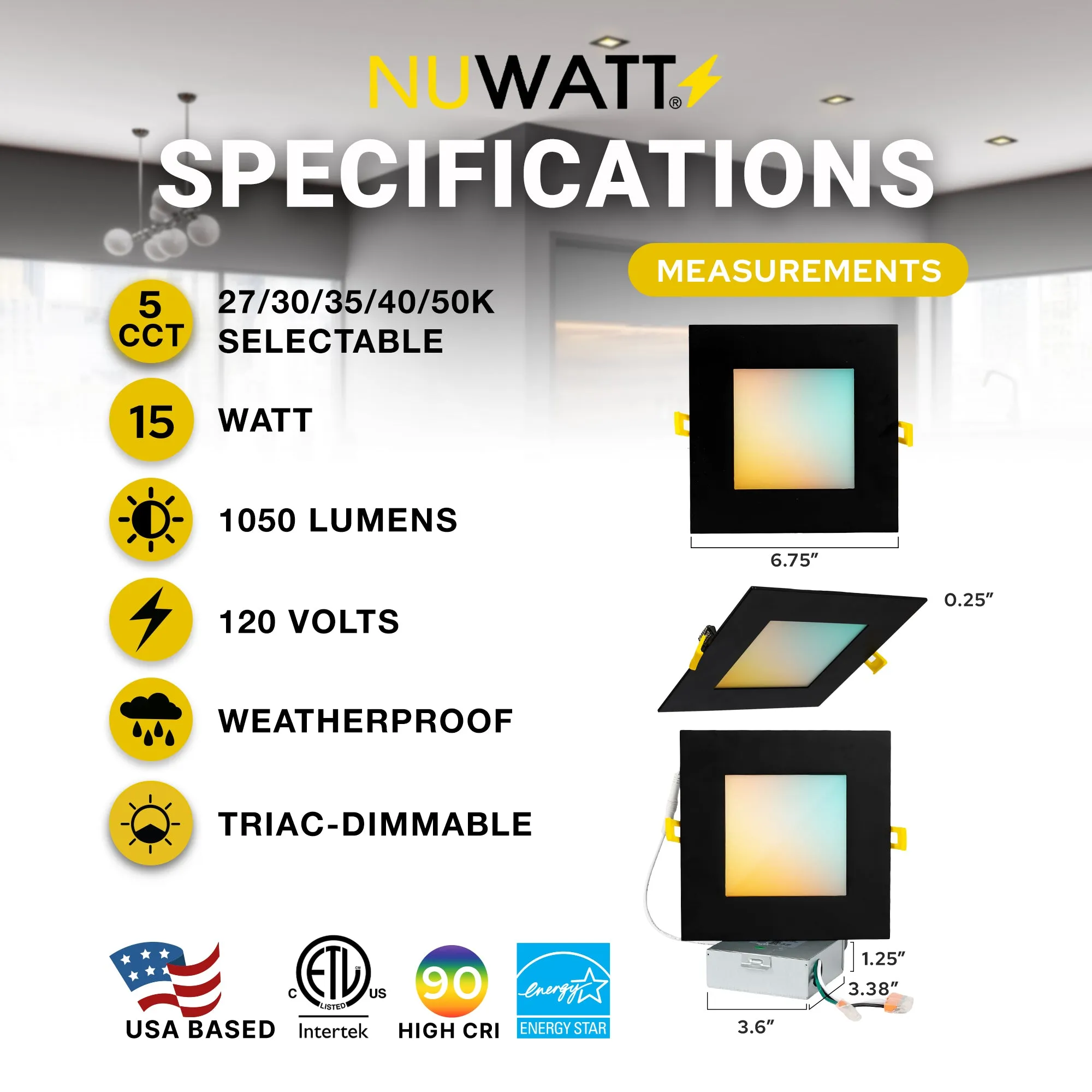 6" Inch Square Black Canless Recessed Lighting Slim LED Wafer Lights - Wet Rated - 5CCT 2700K-5000K - 1050LM