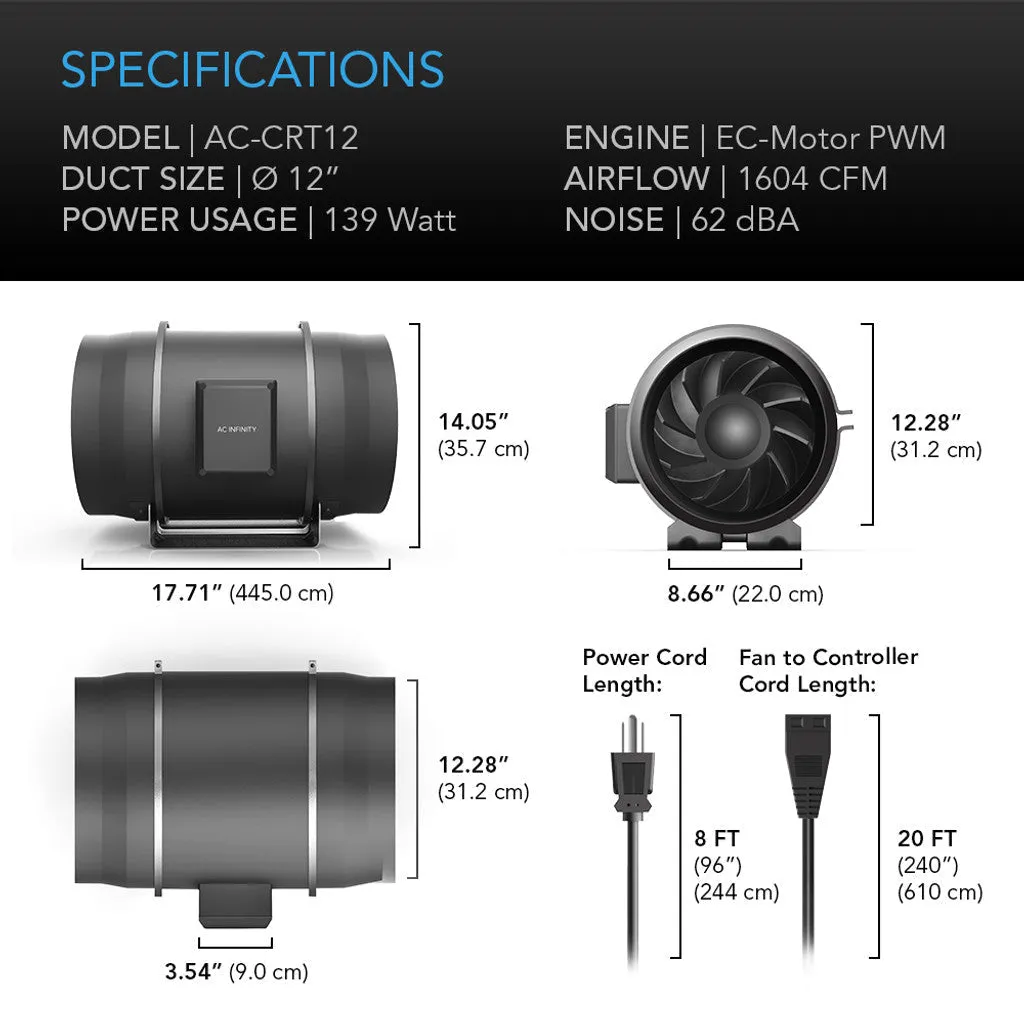 AC Infinity CLOUDWAY T12 | Whole House EC Fan w/ Temp and Humidity Controller | 1600 CFM AC-CRT12