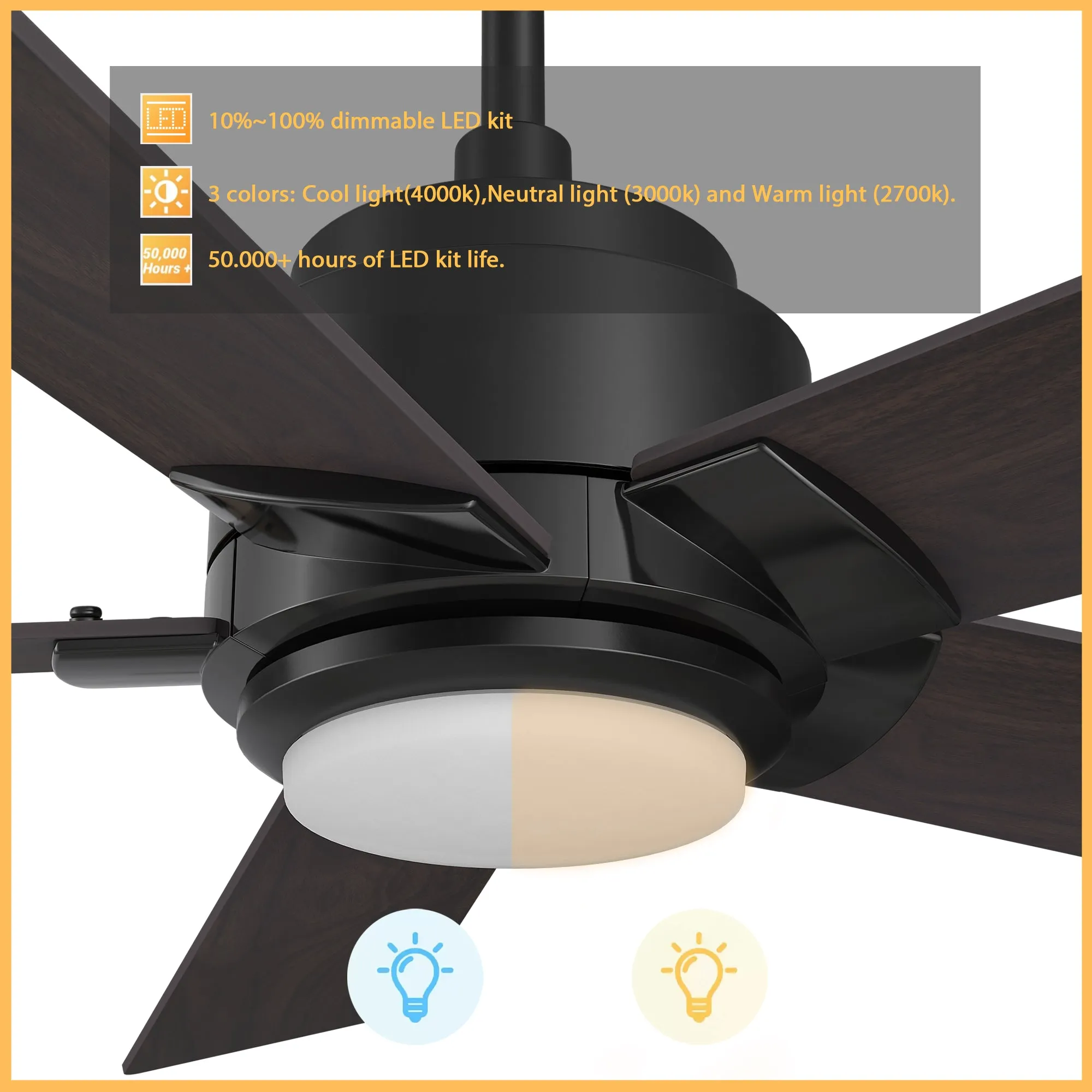 ASCENDER 52 inch 5-Blade Smart Ceiling Fan with LED Light & Remote Control - Black/Dark Wood