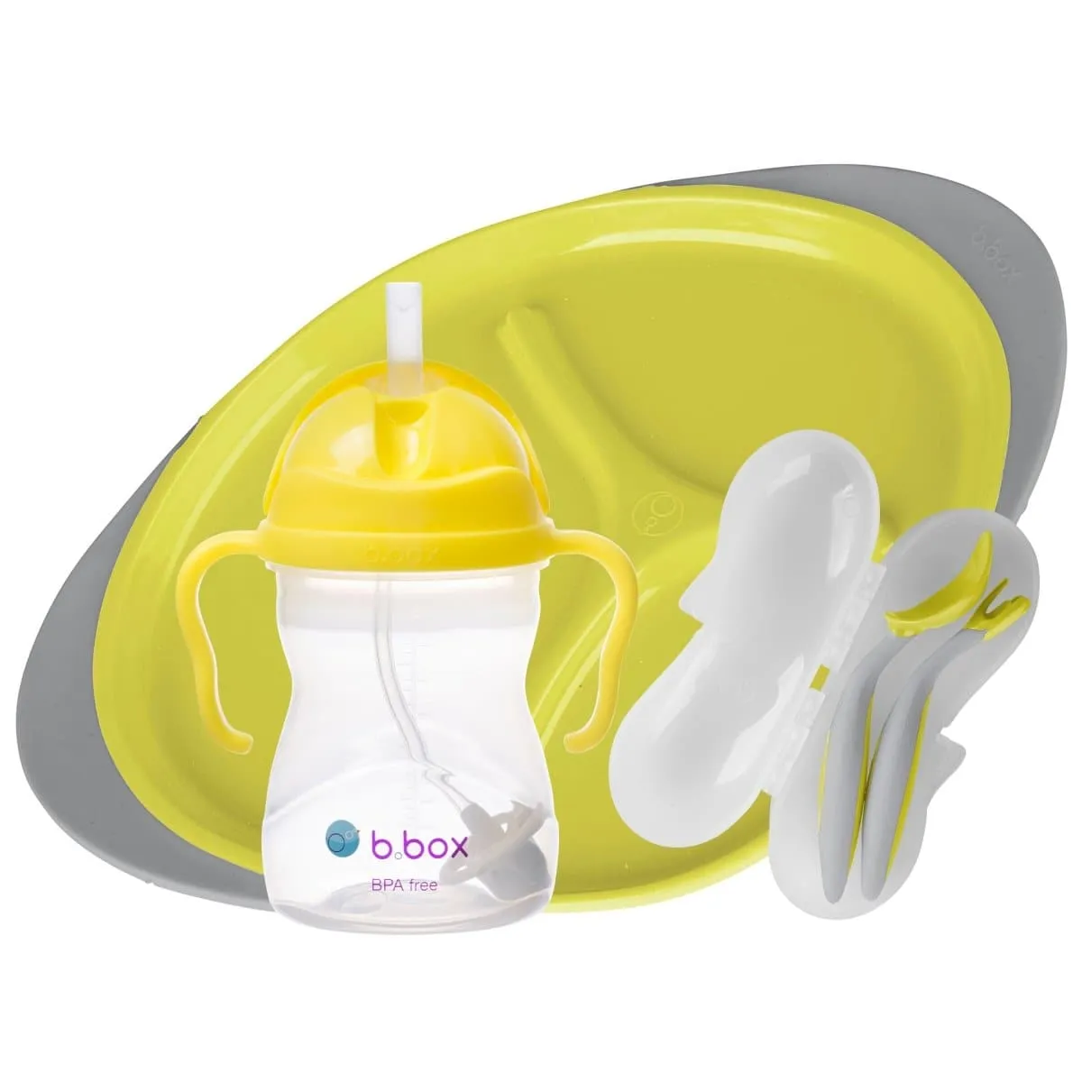 B.Box Feeding Set - Divider Plate, Sippy Cup & Cutlery Set - Lemon Sherbet