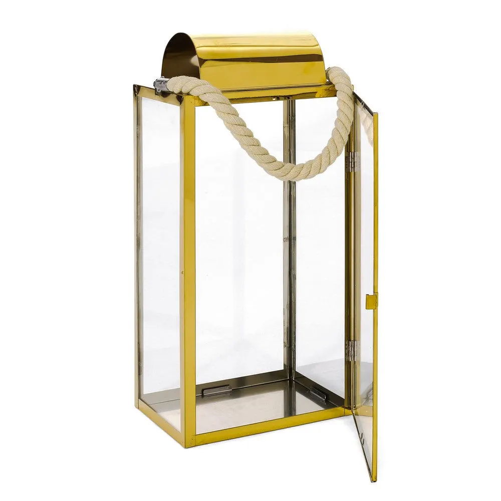 Bobby 19 Inch Lantern, Gold Stainless Steel, Curved Cap, Rope Handle By Casagear Home