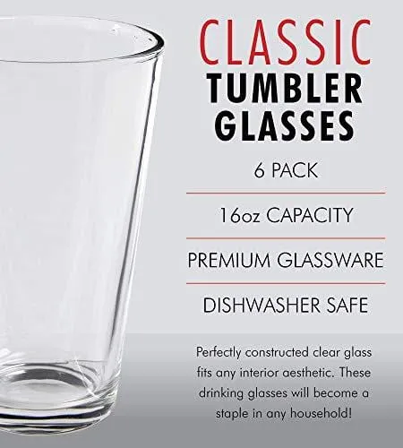 Clear Glass Beer Cups – 6 Pack – All Purpose Drinking Tumblers, 16 oz – Elegant Design for Home and Kitchen – Great for Restaurants, Bars, Parties – by Kitchen Lux