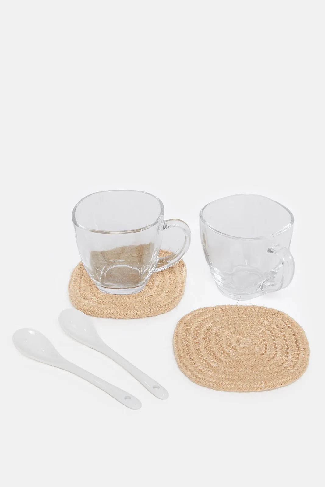 Clear Glass Cup With Cotton Rope Coaster And Spoon ( 6 Piece)