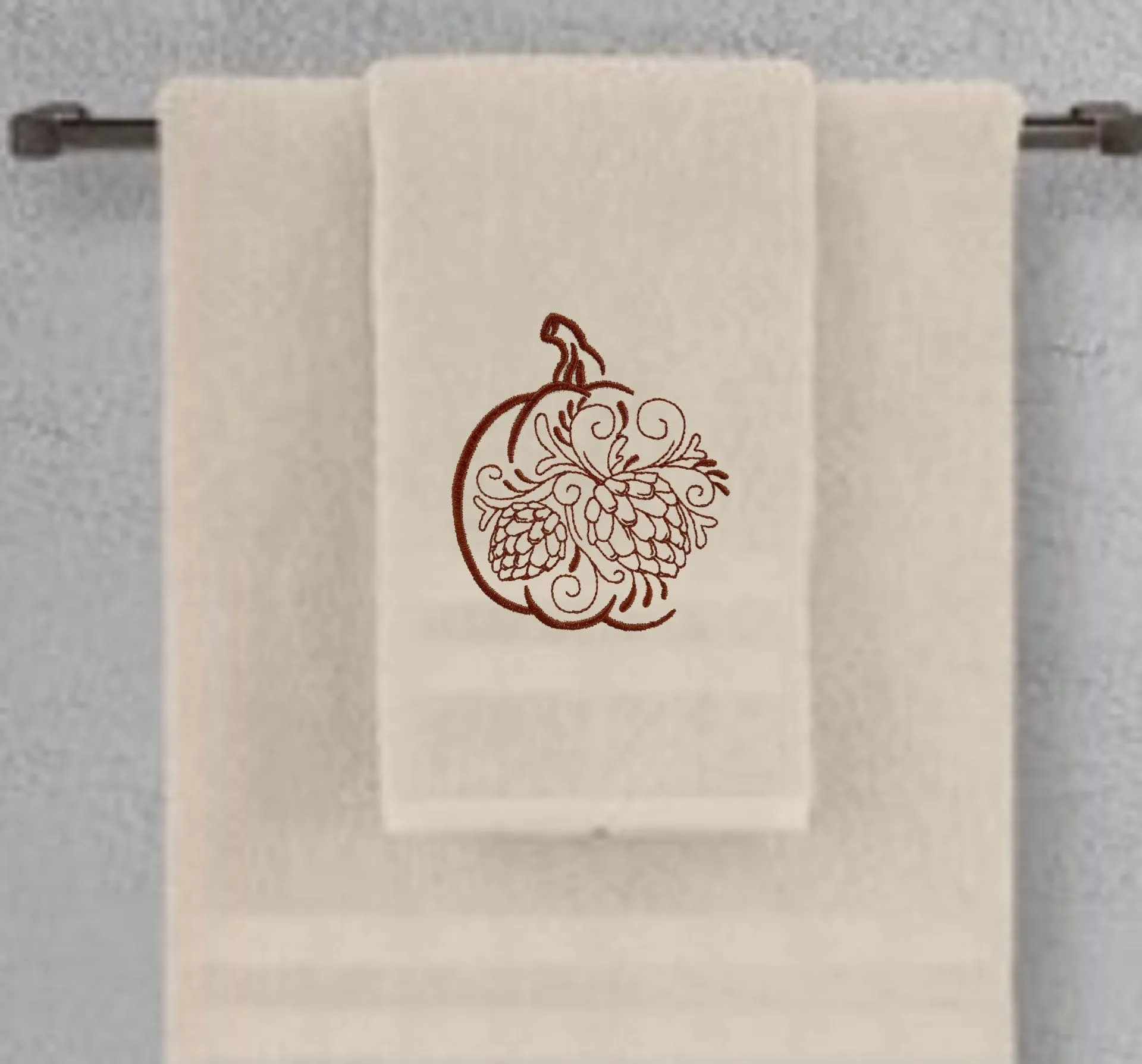 Decorative Autumn Pumpkin and Pine Cones Embroidered Bath Towels. 100% Cotton Hand or Fingertip Towel