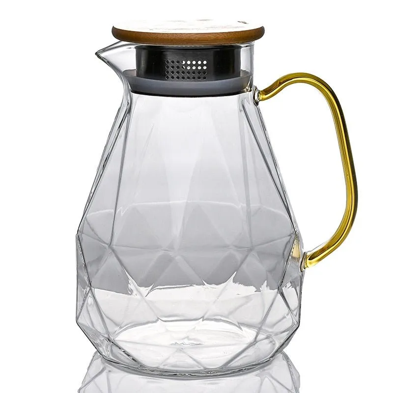 Diamond Pattern Glass Water Jug Transparent Home Carafe Hot Cold Water Pitcher Heat Resistant Coffee Teapot with Bamboo Wood Lid