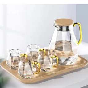 Diamond Pattern Glass Water Jug Transparent Home Carafe Hot Cold Water Pitcher Heat Resistant Coffee Teapot with Bamboo Wood Lid