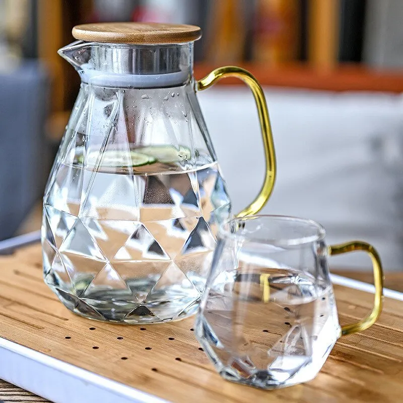 Diamond Pattern Glass Water Jug Transparent Home Carafe Hot Cold Water Pitcher Heat Resistant Coffee Teapot with Bamboo Wood Lid