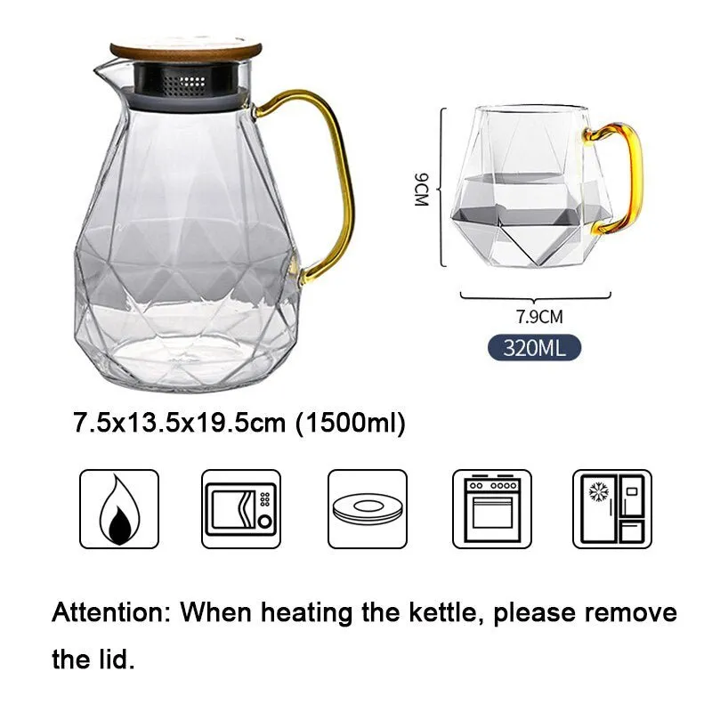 Diamond Pattern Glass Water Jug Transparent Home Carafe Hot Cold Water Pitcher Heat Resistant Coffee Teapot with Bamboo Wood Lid