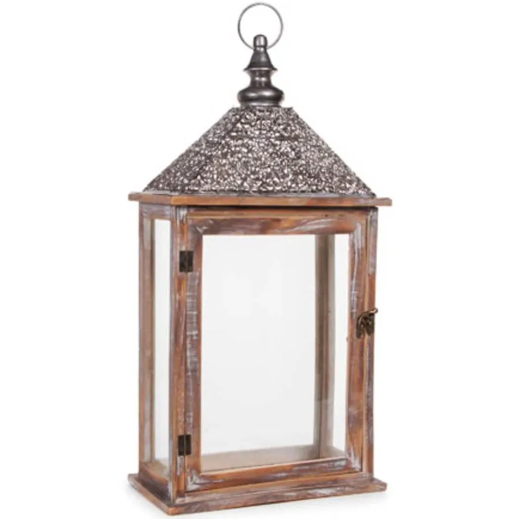 Distressed Wooden Lantern with Silver Iron Roof: 11 x 21.67 inches