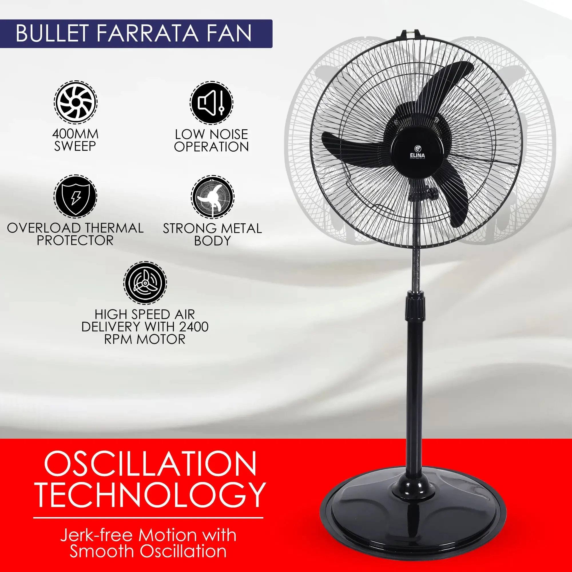 Elina Bullet Farrata Fan 16 Inch/ 400MM Sweep with 120W Full Copper Motor, Adjustable Height & Oscillation, Black