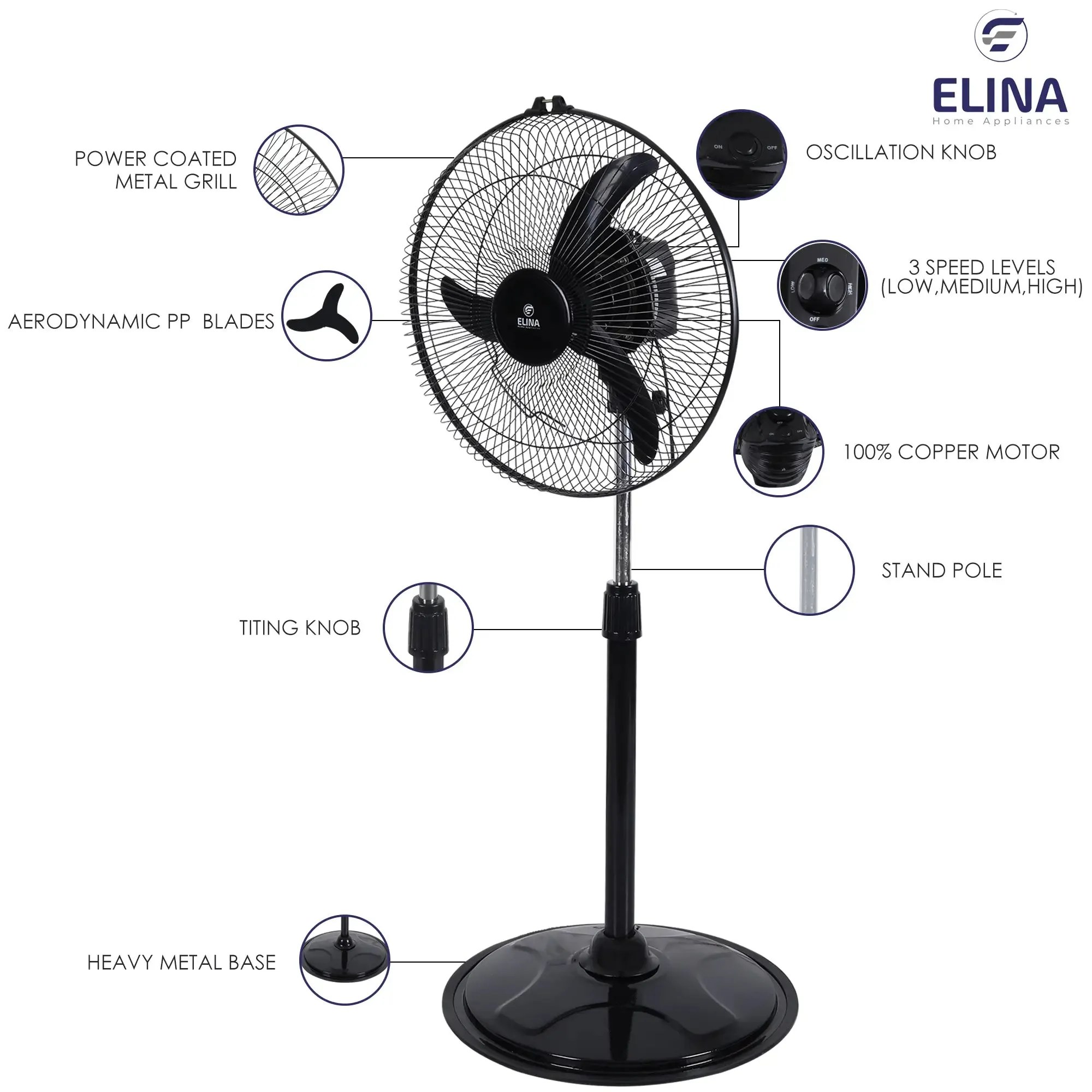 Elina Bullet Farrata Fan 16 Inch/ 400MM Sweep with 120W Full Copper Motor, Adjustable Height & Oscillation, Black