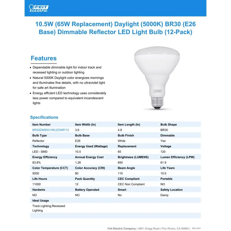 Feit BR30 E26 (Medium) LED Bulb Daylight 65 Watt Equivalence 12 pk