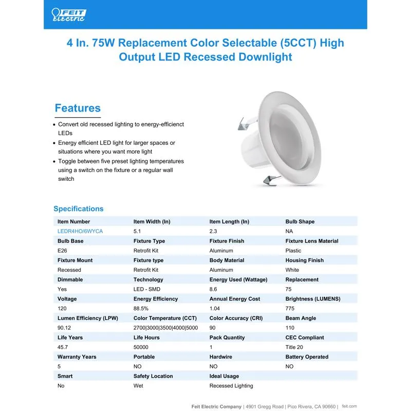 Feit Enhance Frost White 5.1 in. W Aluminum LED Dimmable Recessed Downlight 8.6 W