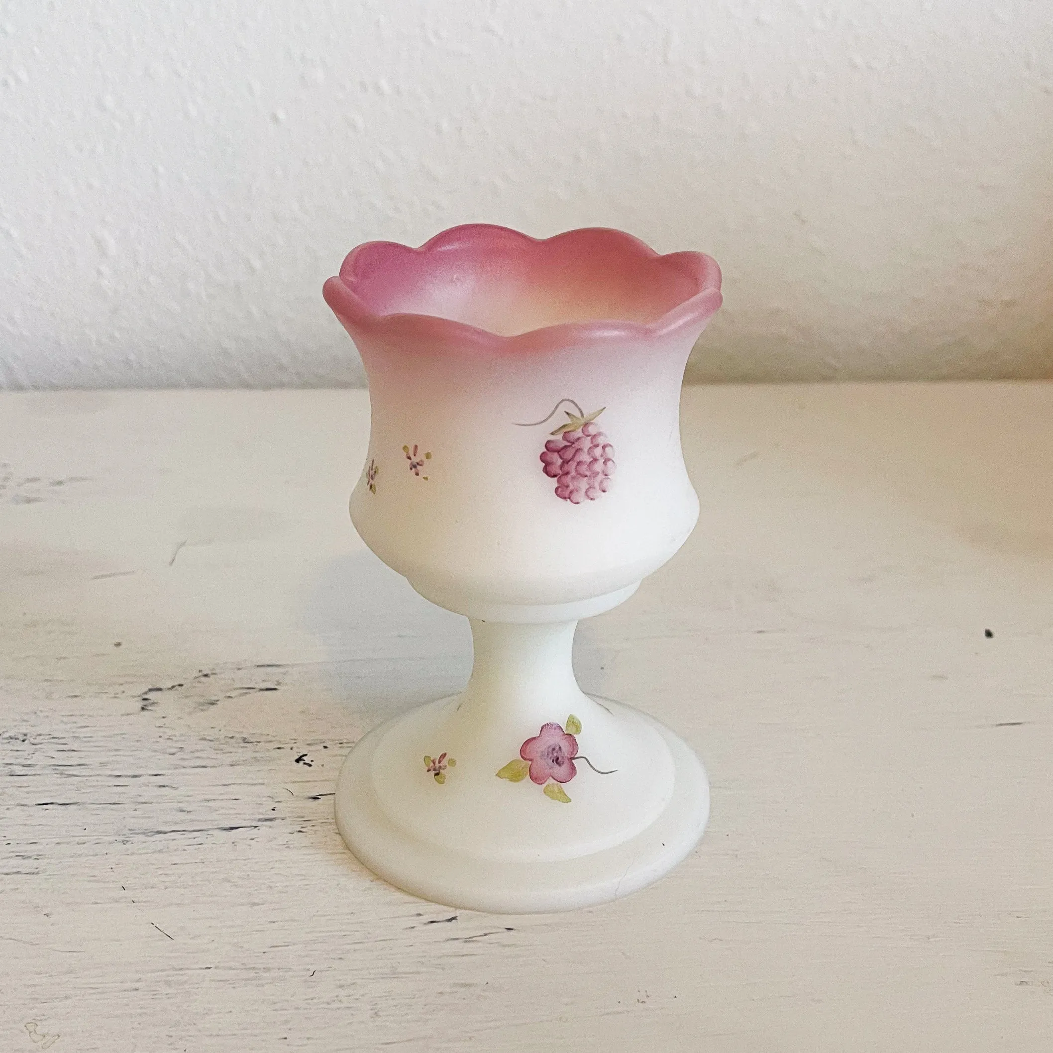 Fenton Berries & Blossoms White Satin Footed Votive Holder