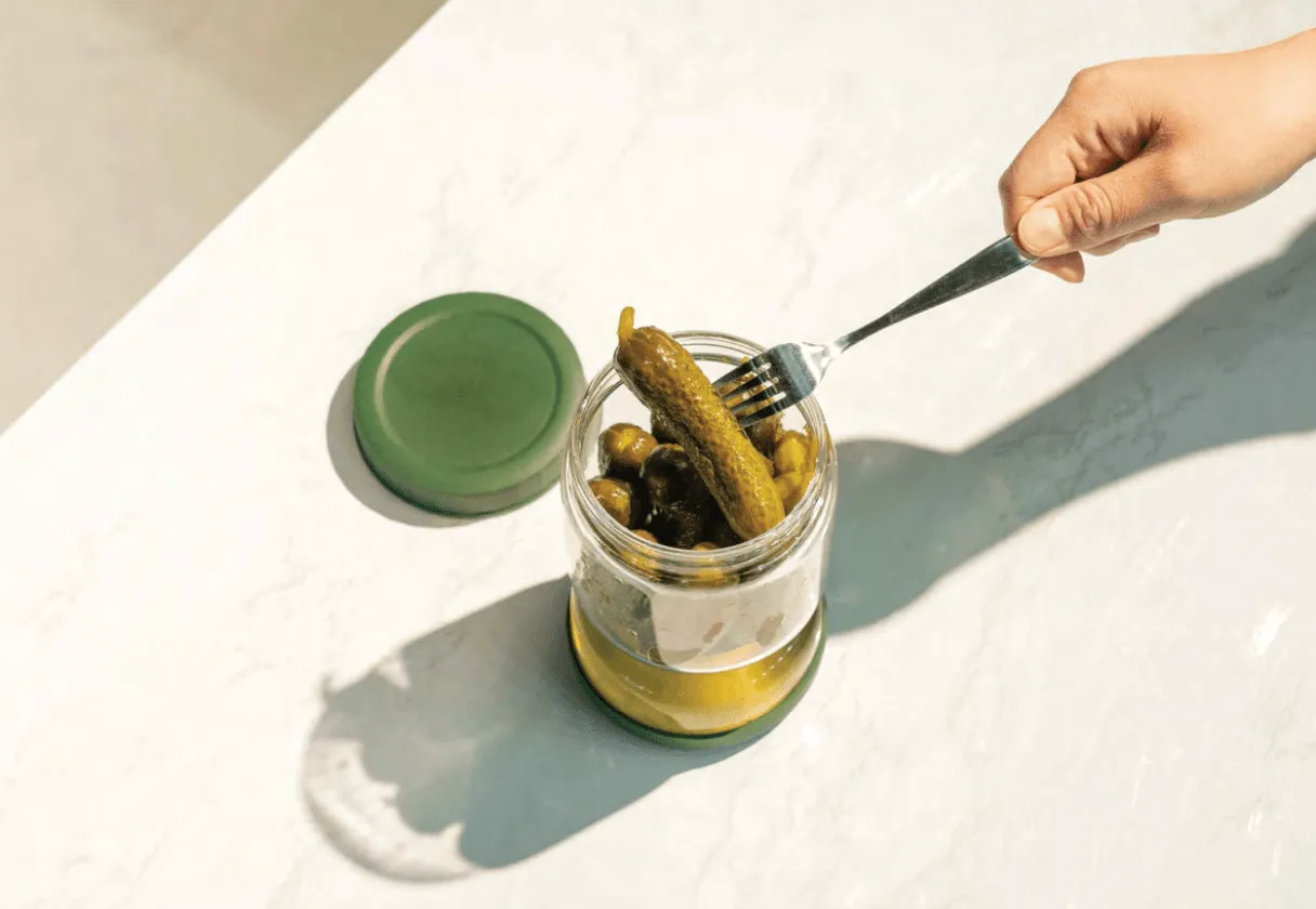 Genicook Dual-Part Glass Pickle Jar: The Flip-Over, Mess-Free Serving, Hand Blown Glass, Food Preserver