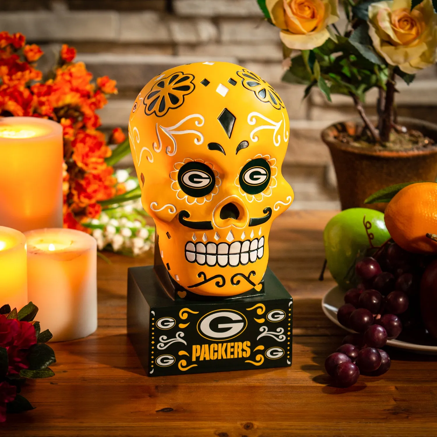 Green Bay Packers Sugar Skull Statue, 10.25"