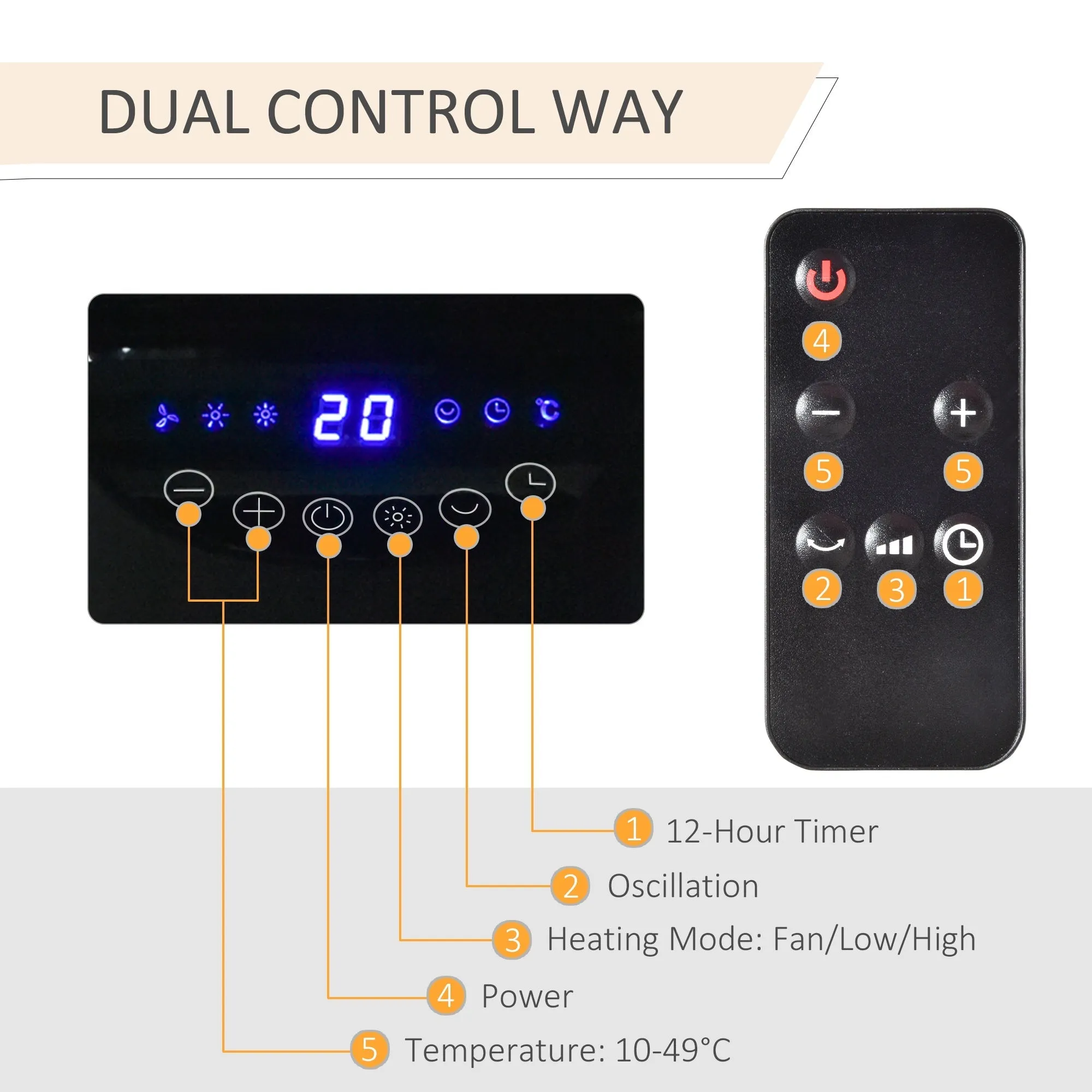 HOMCOM Ceramic Tower Indoor Space Heater with LED Display Oscillation Remote Control 12H Timer Tip-Over & Overheating Protection 1000W/2000W PTC Oscillating Tower Display