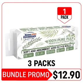 [Hot Deals] Home Essentials 3Ply|10 Rolls|6000Ply 100% Pure Pulp Premium Quality Bathroom Tissue - 3 Packs (1.2kg – Bundle Promotion)