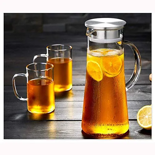 HOUSING ENTERPRISE® 1.3 Liter Glass Pitcher with lid iced Tea Pitcher Water jug hot Cold Water Wine Coffee Milk Juice Beverage Carafe (Pitcher) (1300 ML Pack of 1)