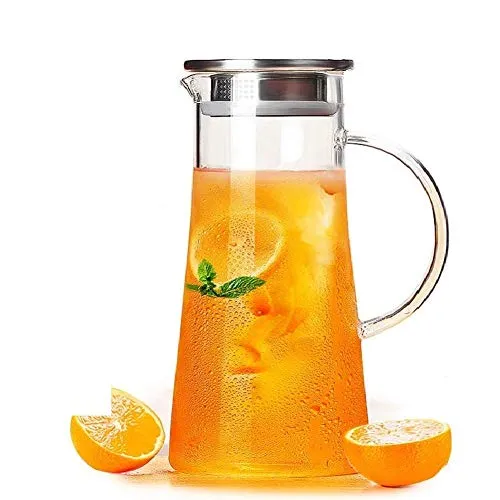 HOUSING ENTERPRISE® 1.3 Liter Glass Pitcher with lid iced Tea Pitcher Water jug hot Cold Water Wine Coffee Milk Juice Beverage Carafe (Pitcher) (1300 ML Pack of 1)