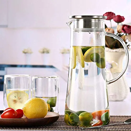 HOUSING ENTERPRISE® 1.3 Liter Glass Pitcher with lid iced Tea Pitcher Water jug hot Cold Water Wine Coffee Milk Juice Beverage Carafe (Pitcher) (1300 ML Pack of 1)