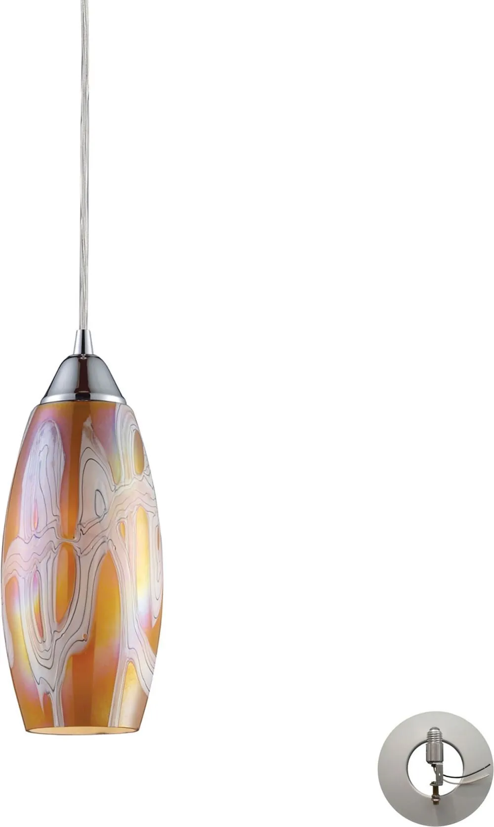 Iridescence 1 Light Pendant In Satin Nickel and Golden Glass - Includes Recessed Lighting Kit