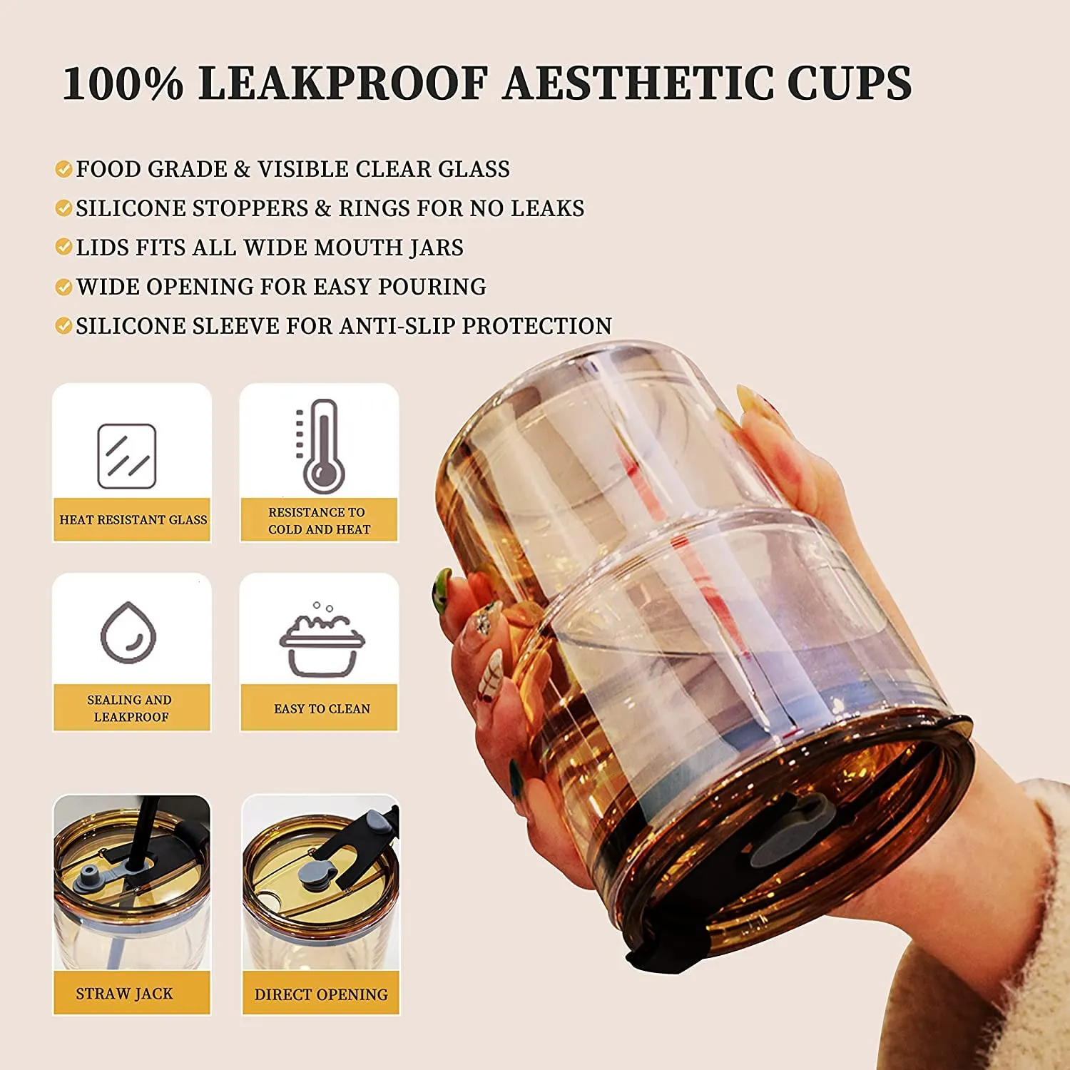 KELVEE Glass Tumbler With Silicone Straw&Lid 435Ml,Glass Cup With Leather Sleeve,Glass Coffee Mugs For Straw&Direct Drinking Mouth Dual Use,Summer Travel Essential Bottle(Amber)435 Milliliter