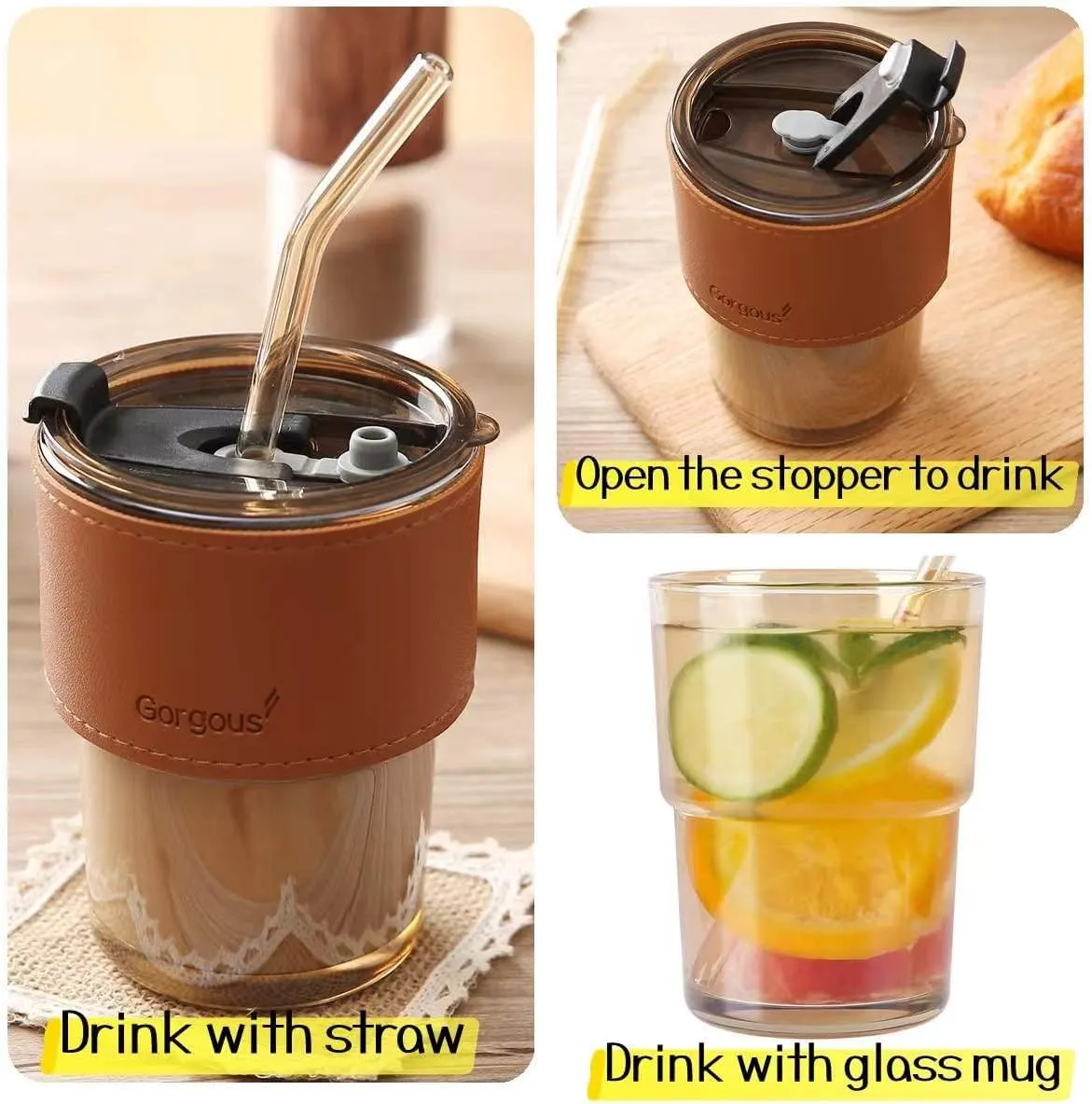 KELVEE Glass Tumbler With Silicone Straw&Lid 435Ml,Glass Cup With Leather Sleeve,Glass Coffee Mugs For Straw&Direct Drinking Mouth Dual Use,Summer Travel Essential Bottle(Amber)435 Milliliter