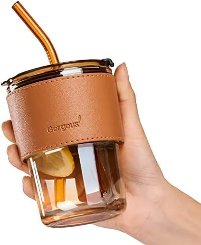 KELVEE Glass Tumbler With Silicone Straw&Lid 435Ml,Glass Cup With Leather Sleeve,Glass Coffee Mugs For Straw&Direct Drinking Mouth Dual Use,Summer Travel Essential Bottle(Amber)435 Milliliter