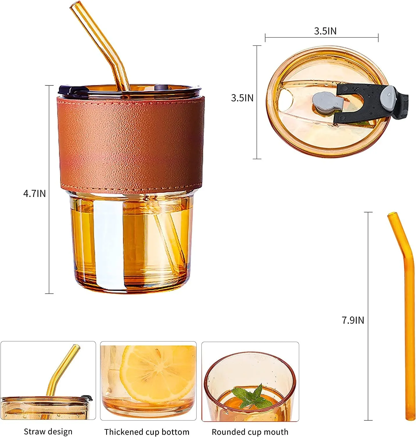 KELVEE Glass Tumbler With Silicone Straw&Lid 435Ml,Glass Cup With Leather Sleeve,Glass Coffee Mugs For Straw&Direct Drinking Mouth Dual Use,Summer Travel Essential Bottle(Amber)435 Milliliter