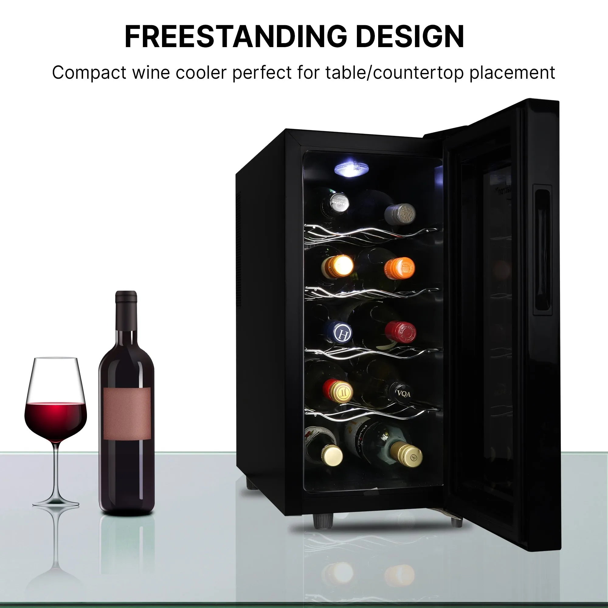 Koolatron 10 Bottle Wine Cooler, Black, Thermoelectric Wine Fridge, 1 cu. ft. Freestanding Wine Cellar, Red, White and Sparkling Wine Storage for Small Kitchen, Apartment, Condo, RV